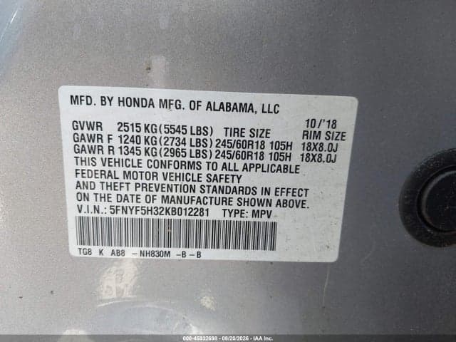 2019 HONDA PILOT EX 9