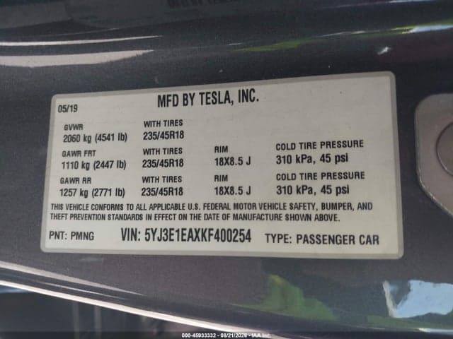 2019 TESLA MODEL 3 LONG RANGE/MID RANGE/STANDARD RANGE/STANDARD RANGE PLUS 9