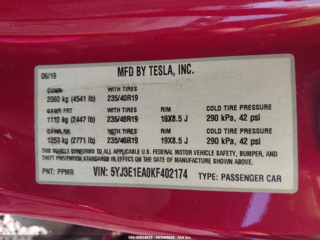 2019 TESLA MODEL 3 LONG RANGE/MID RANGE/STANDARD RANGE/STANDARD RANGE PLUS 9