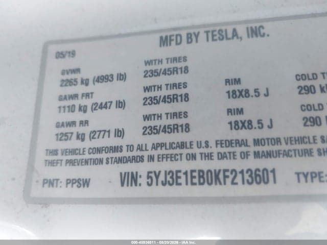2019 TESLA MODEL 3 LONG RANGE/PERFORMANCE 9