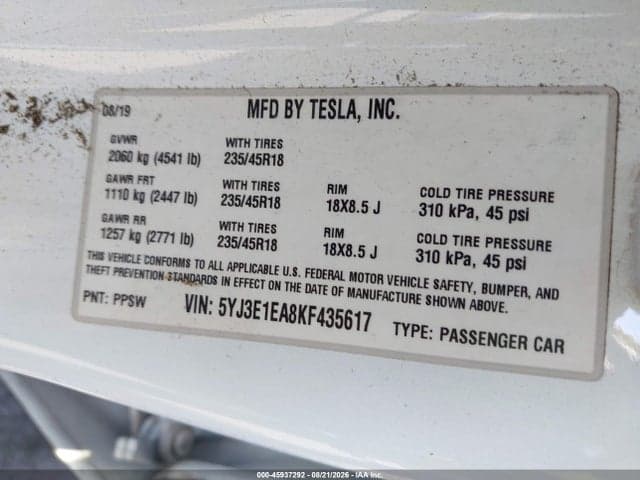 2019 TESLA MODEL 3 LONG RANGE/MID RANGE/STANDARD RANGE/STANDARD RANGE PLUS 9