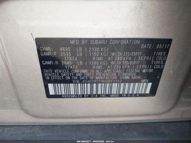 2017 SUBARU OUTBACK 2.5I PREMIUM 9