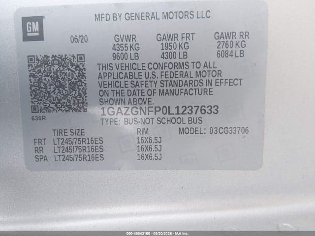 2020 CHEVROLET EXPRESS PASSENGER RWD 3500 EXTENDED WHEELBASE LS 9
