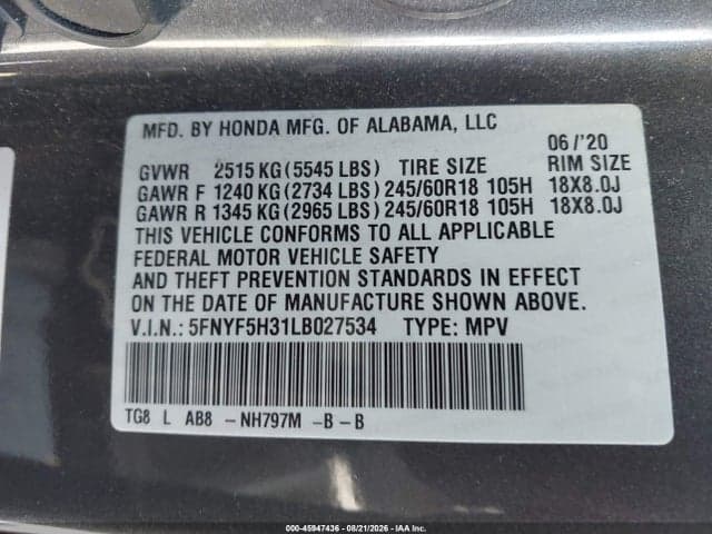 2020 HONDA PILOT 2WD EX 9