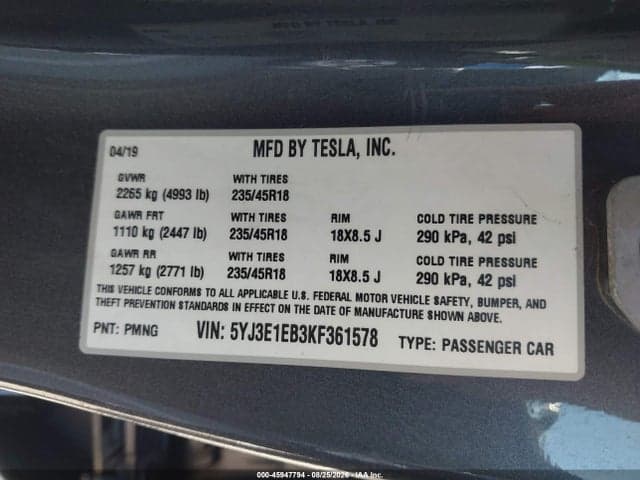 2019 TESLA MODEL 3 LONG RANGE/PERFORMANCE 9