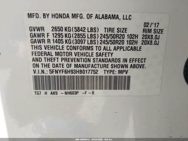 2017 HONDA PILOT TOURING 9