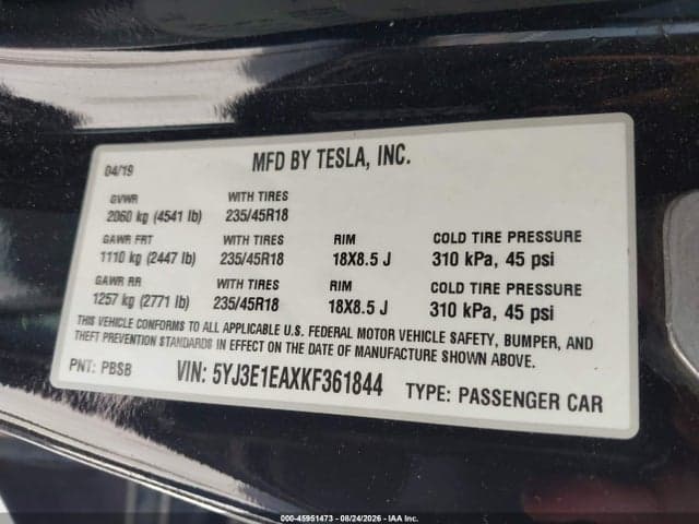 2019 TESLA MODEL 3 LONG RANGE/MID RANGE/STANDARD RANGE/STANDARD RANGE PLUS 9