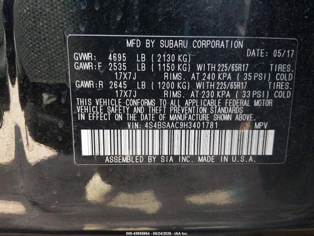 2017 SUBARU OUTBACK 2.5I 9