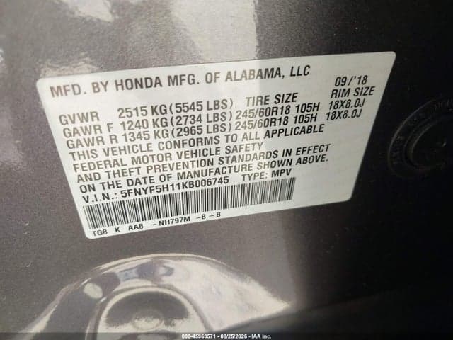 2019 HONDA PILOT LX 9