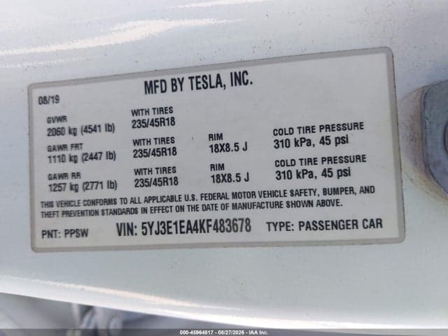 2019 TESLA MODEL 3 LONG RANGE/MID RANGE/STANDARD RANGE/STANDARD RANGE PLUS 9