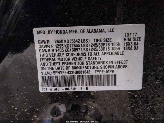 2017 HONDA PILOT EX 9