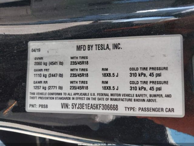2019 TESLA MODEL 3 LONG RANGE/MID RANGE/STANDARD RANGE/STANDARD RANGE PLUS 9