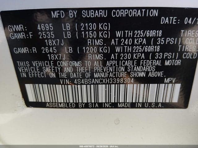 2017 SUBARU OUTBACK 2.5I LIMITED 9