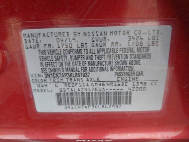 2019 NISSAN VERSA 1.6 S+ 9