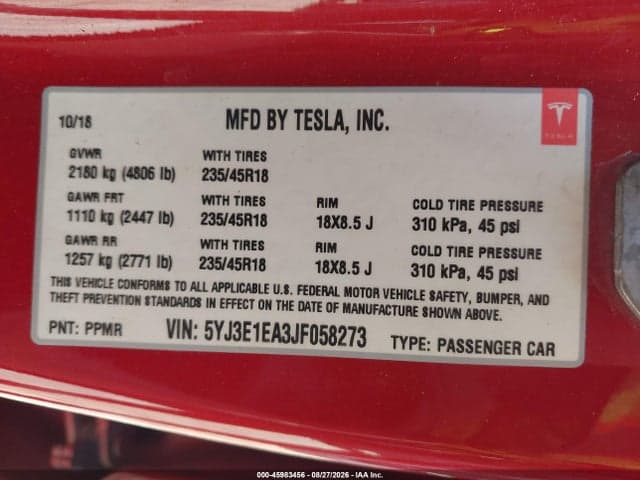 2018 TESLA MODEL 3 LONG RANGE/MID RANGE 9