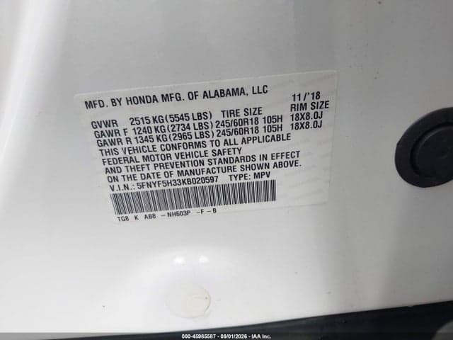 2019 HONDA PILOT EX 9