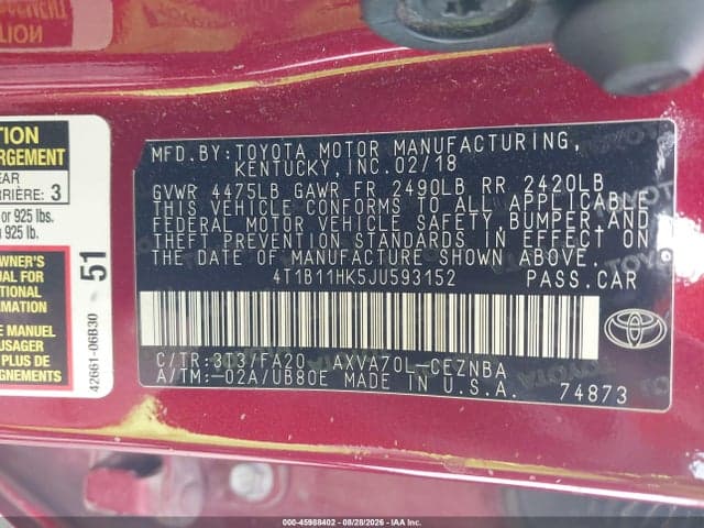 2018 TOYOTA CAMRY LE 9