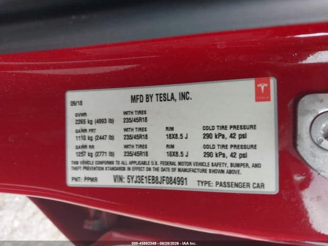 2018 TESLA MODEL 3 LONG RANGE/PERFORMANCE 9