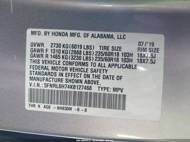 2019 HONDA ODYSSEY EX-L 9