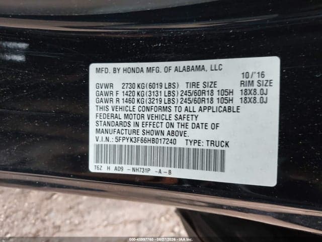 2017 HONDA RIDGELINE RTL-T 9