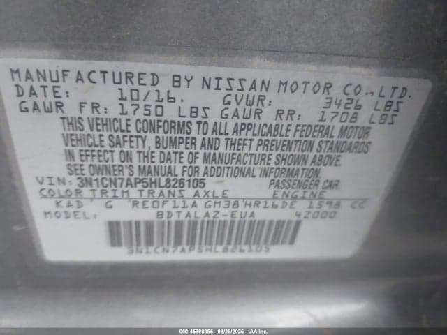 2017 NISSAN VERSA 1.6 S+ 9
