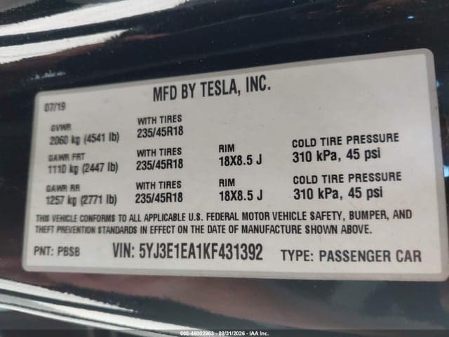 2019 TESLA MODEL 3 LONG RANGE/MID RANGE/STANDARD RANGE/STANDARD RANGE PLUS 9