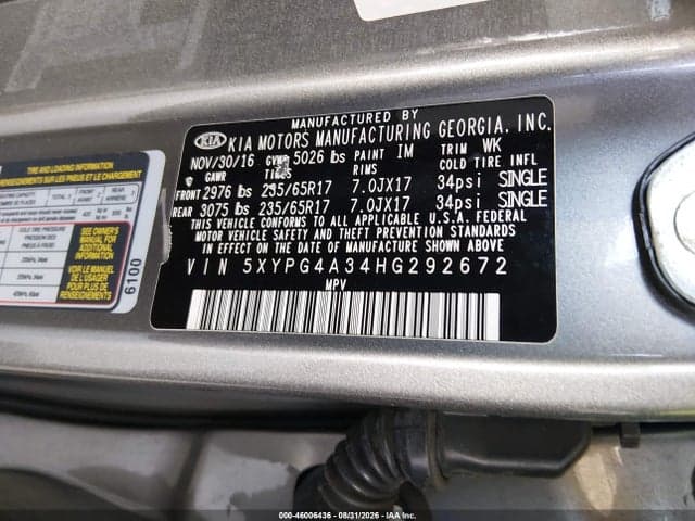 2017 KIA SORENTO 2.4L L 9