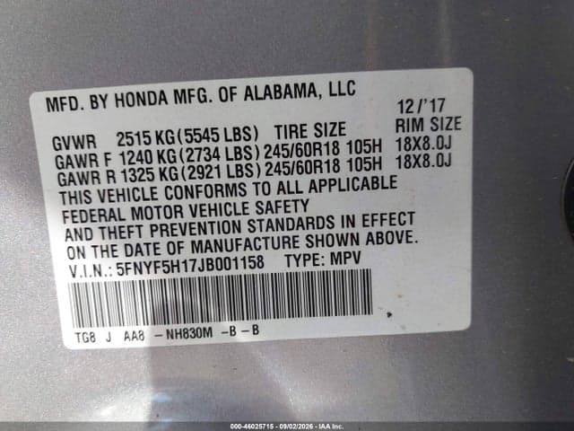 2018 HONDA PILOT LX 9