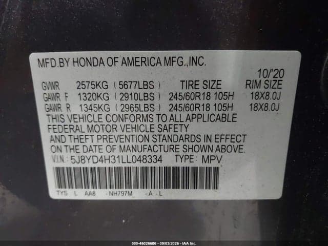 2020 ACURA MDX STANDARD 9
