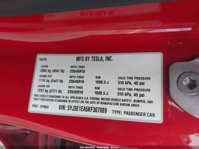 2019 TESLA MODEL 3 LONG RANGE/MID RANGE/STANDARD RANGE/STANDARD RANGE PLUS 9