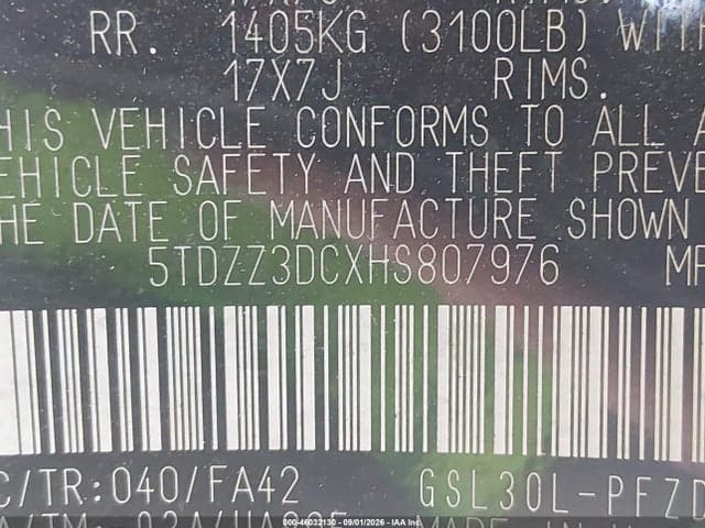 2017 TOYOTA SIENNA L 7 PASSENGER 9