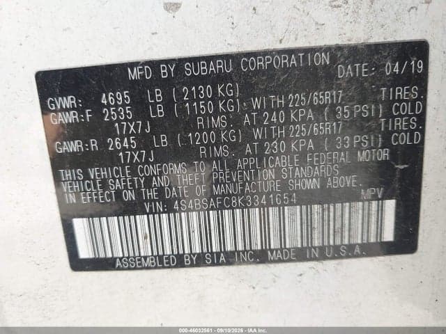 2019 SUBARU OUTBACK 2.5I PREMIUM 9