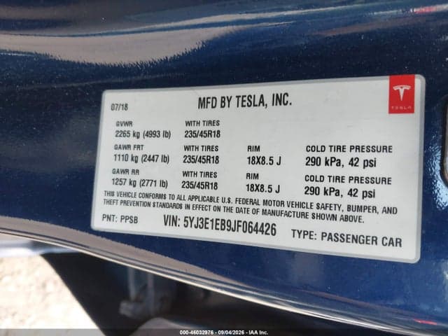 2018 TESLA MODEL 3 LONG RANGE/PERFORMANCE 8
