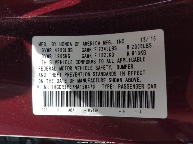 2017 HONDA ACCORD LX 9