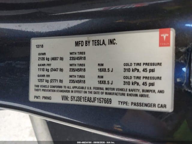 2018 TESLA MODEL 3 LONG RANGE/MID RANGE 9