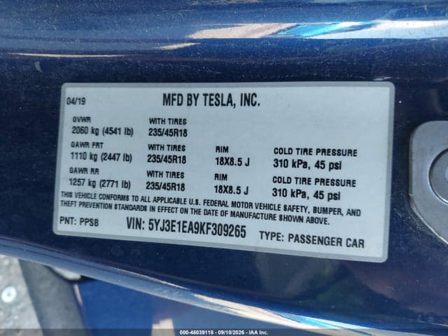 2019 TESLA MODEL 3 LONG RANGE/MID RANGE/STANDARD RANGE/STANDARD RANGE PLUS 9