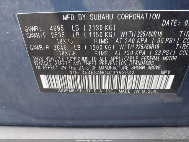 2019 SUBARU OUTBACK 2.5I LIMITED 9