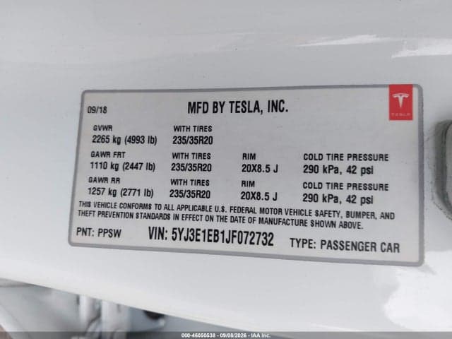 2018 TESLA MODEL 3 LONG RANGE/PERFORMANCE 9