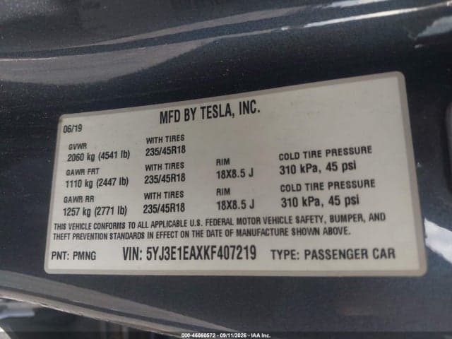 2019 TESLA MODEL 3 LONG RANGE/MID RANGE/STANDARD RANGE/STANDARD RANGE PLUS 9