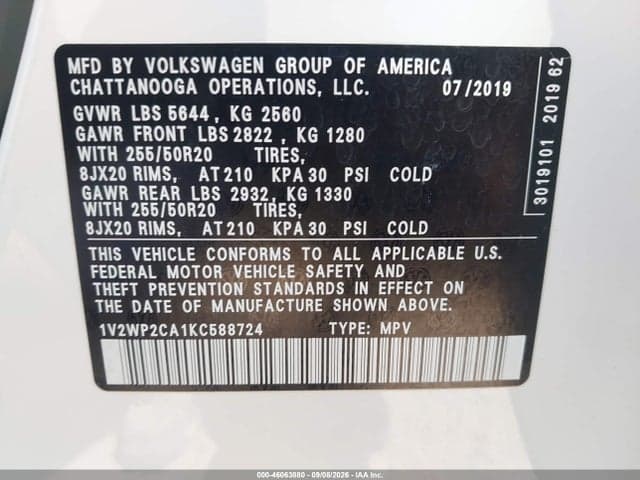 2019 VOLKSWAGEN ATLAS 2.0T SE W/TECHNOLOGY 9