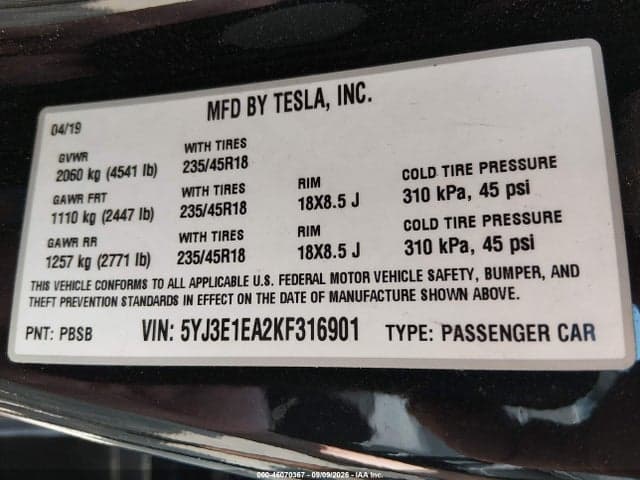 2019 TESLA MODEL 3 LONG RANGE/MID RANGE/STANDARD RANGE/STANDARD RANGE PLUS 9