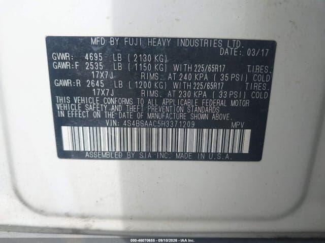 2017 SUBARU OUTBACK 2.5I 9