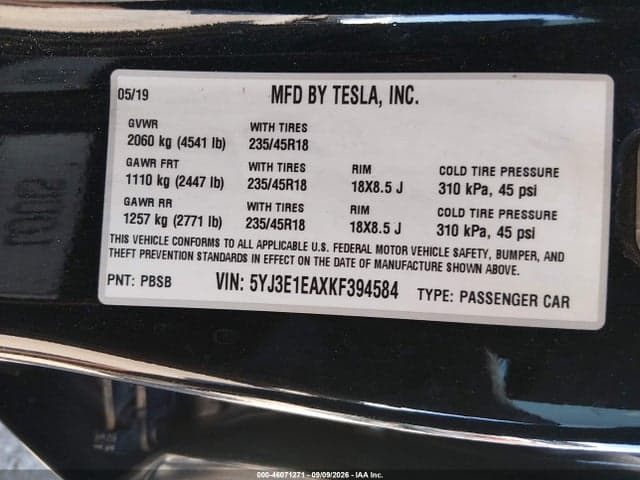 2019 TESLA MODEL 3 LONG RANGE/MID RANGE/STANDARD RANGE/STANDARD RANGE PLUS 9