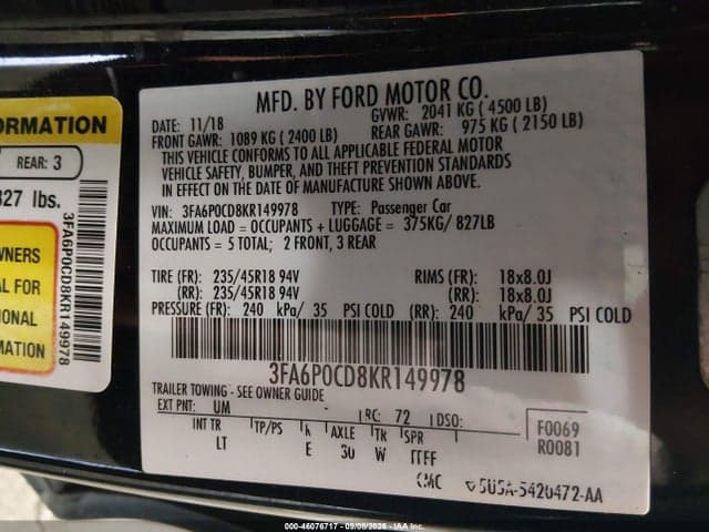 2019 FORD FUSION SEL 9