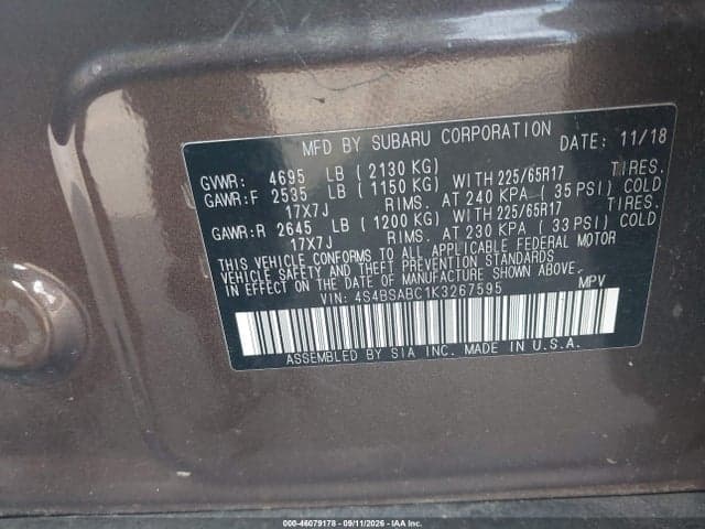 2019 SUBARU OUTBACK 2.5I 9