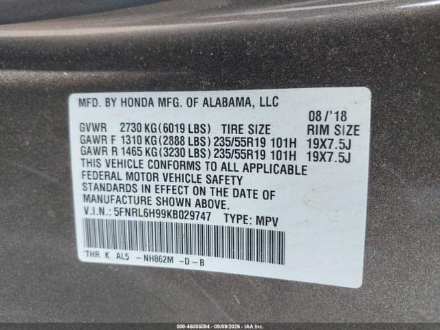 2019 HONDA ODYSSEY ELITE 9