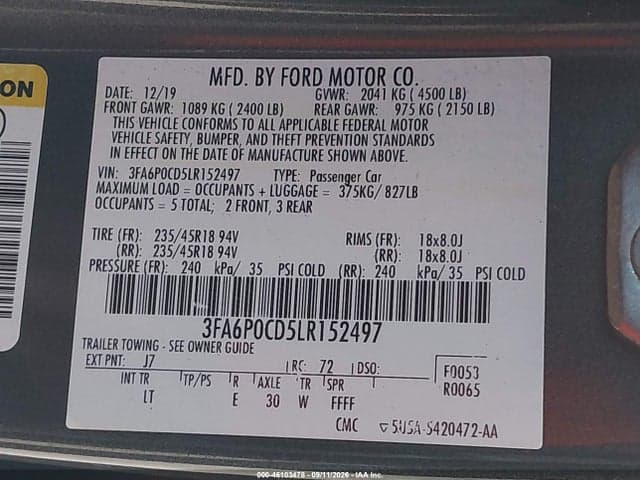 2020 FORD FUSION SEL 9