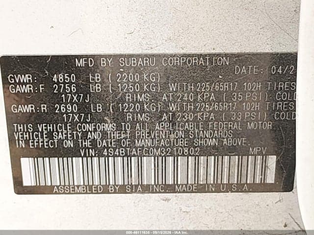 2021 SUBARU OUTBACK PREMIUM 9