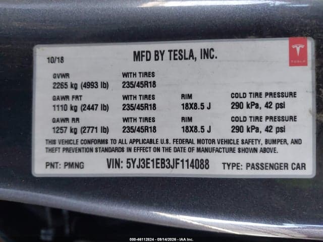 2018 TESLA MODEL 3 LONG RANGE/PERFORMANCE 9