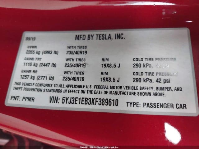 2019 TESLA MODEL 3 LONG RANGE/PERFORMANCE 9